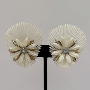 VINTAGE Aurora Borealis Crystal Plastic Feather Lite Clip-On Earrings - GERMANY